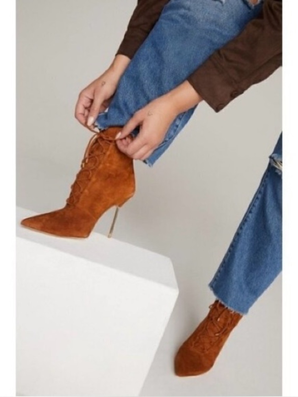 Good American Shoes Good American Brown Suede Booties Lace Up Stiletto Size 8.5 - Picture 2 of 16